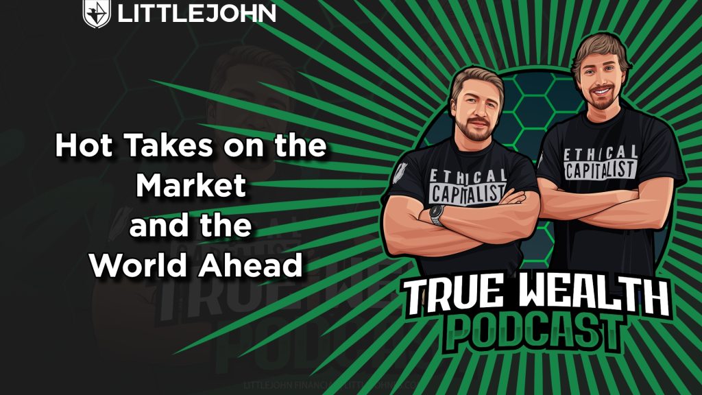 Promotional podcast banner with two cartoon hosts in 'Ethical Capitalist' shirts against a green radial background and bold title text.