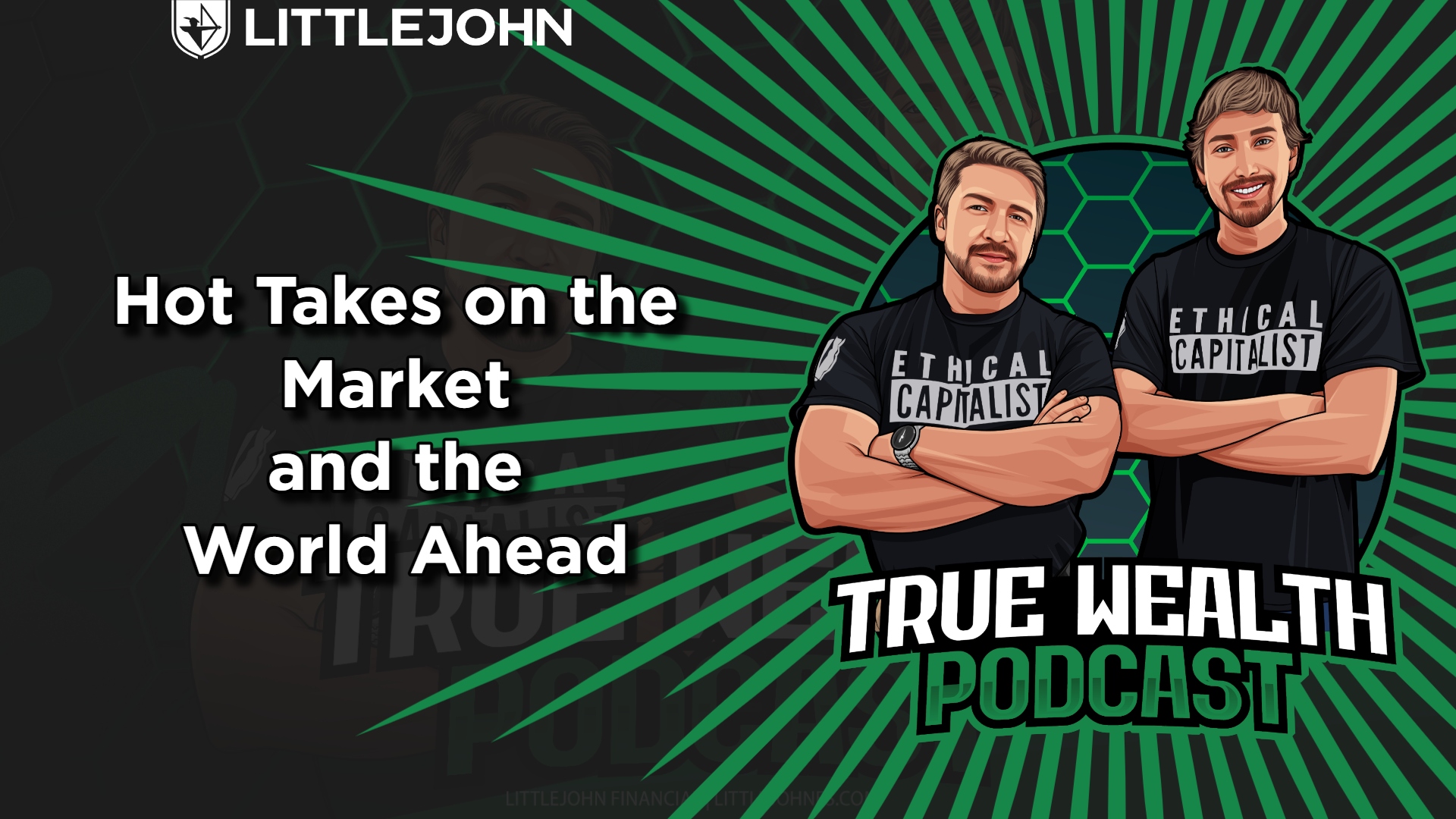 Promotional podcast banner with two cartoon hosts in 'Ethical Capitalist' shirts against a green radial background and bold title text.
