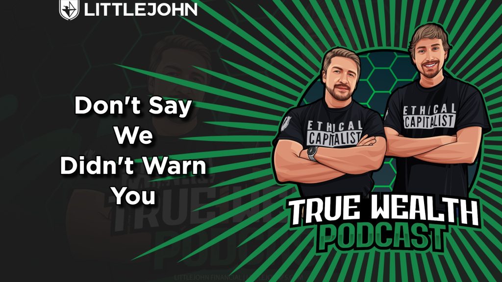 Cartoon illustration of two men in black 'Ethical Capitalist' shirts with arms crossed, on a green radial background for a podcast banner.