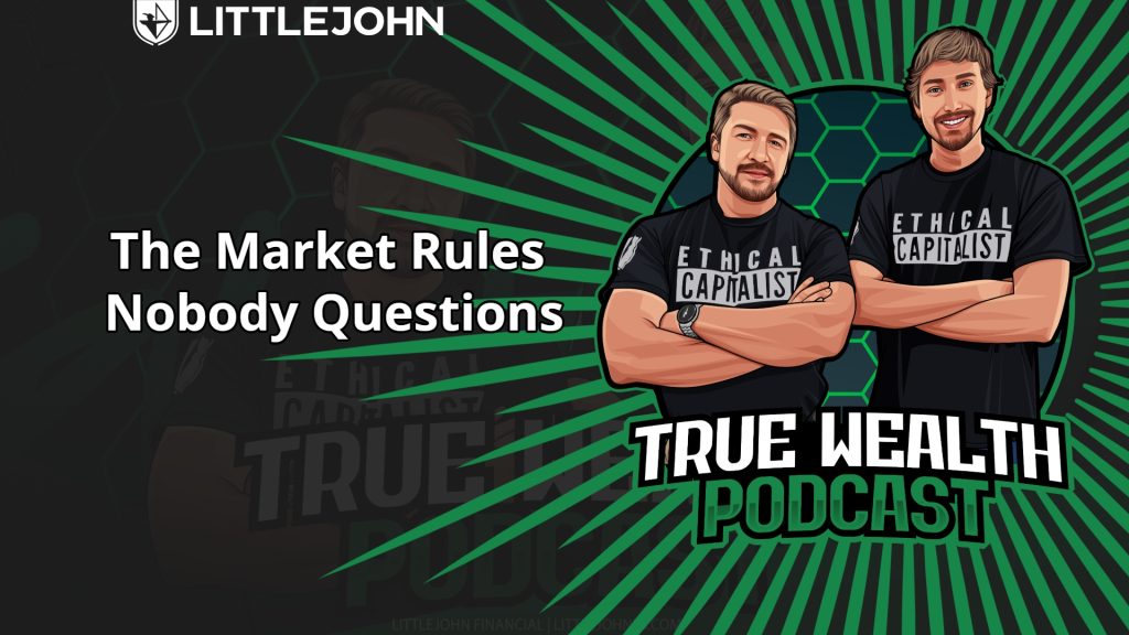 Illustrated podcast banner with two men in black shirts labeled 'Ethical Capitalist,' green radial lines, and the title 'The Market Rules Nobody Questions.'